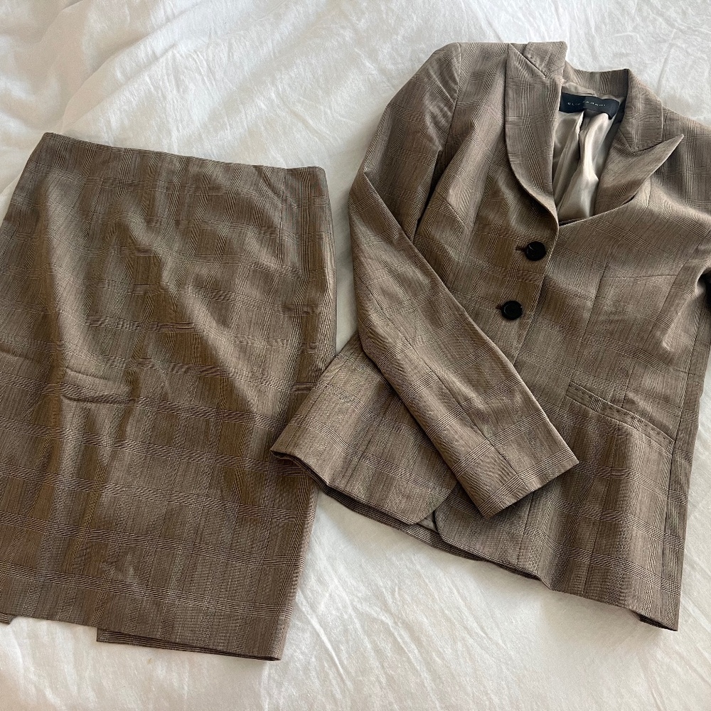 Tan Plaid Blazer and Pencil Skirt Set